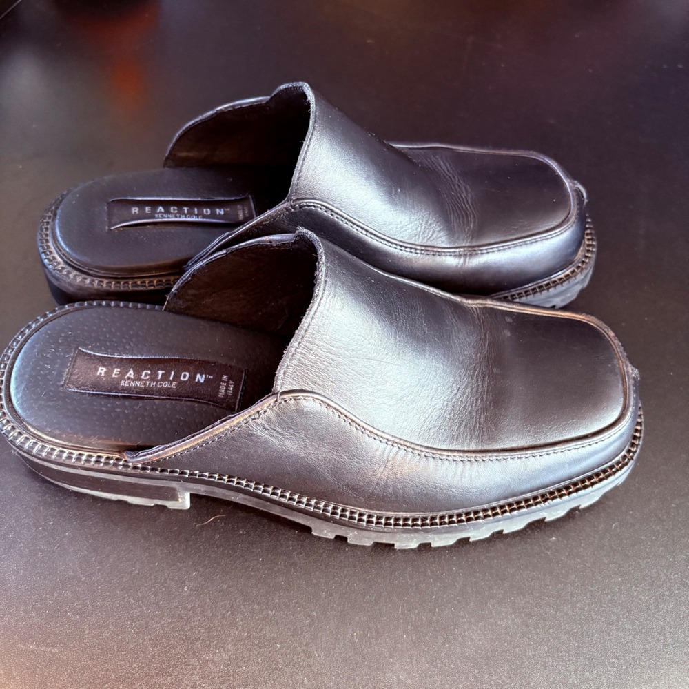 Y2k KENNETH COLE WOMENS BLACK LEATHER SLIP‎ ON CLOGS SIZE 9 GRUNGE CHUNKY GOTH